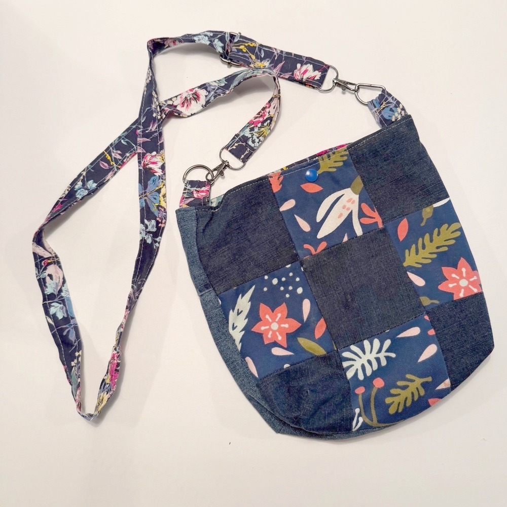 Patchwork Reversible Denim Floral Blue Crossbody Bag Boho Upcycled